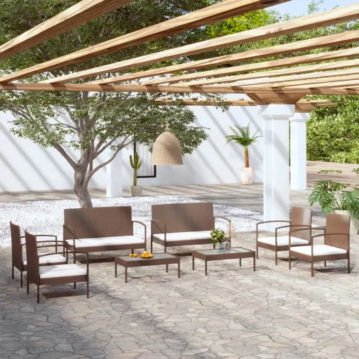 Conjunto Lounge de Jardim com Almofadões Vime PE Castanho (8 pcs)
