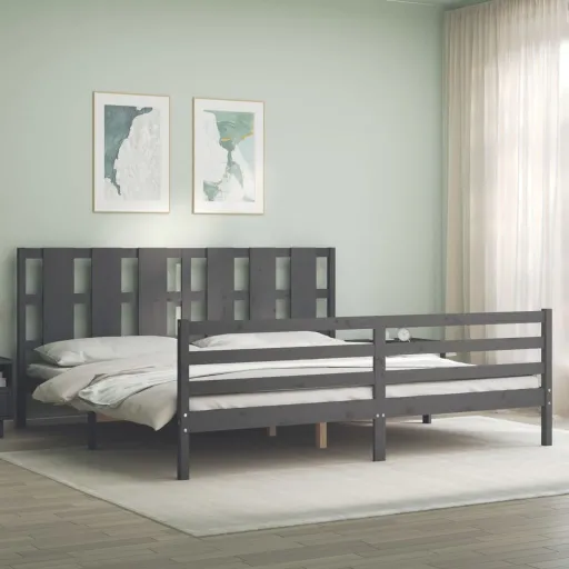 Estrutura de Cama com Cabeceira 200x200 cm Madeira Maciça Cinza