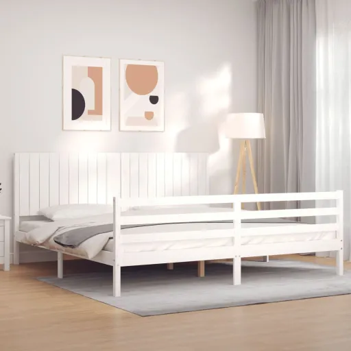 Estrutura de Cama com Cabeceira 200x200cm Madeira Maciça Branco