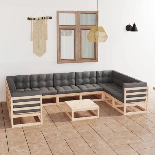 Conjunto Lounge de Jardim c/ Almofadões Pinho Maciço (10 pcs)