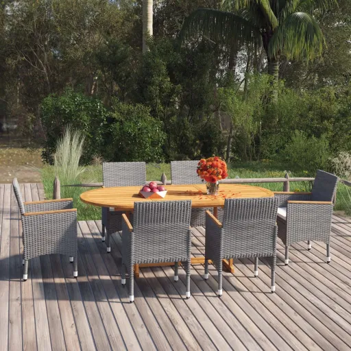 Conjunto de Jantar para Jardim Vime PE Cinzento (7 pcs)