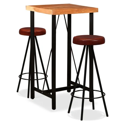 Conjunto de Bar   Madeira Acácia Maciça e Couro Genuíno (3 pcs)