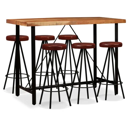 Conjunto de Bar   Madeira Acácia Maciça e Couro Genuíno (7 pcs)