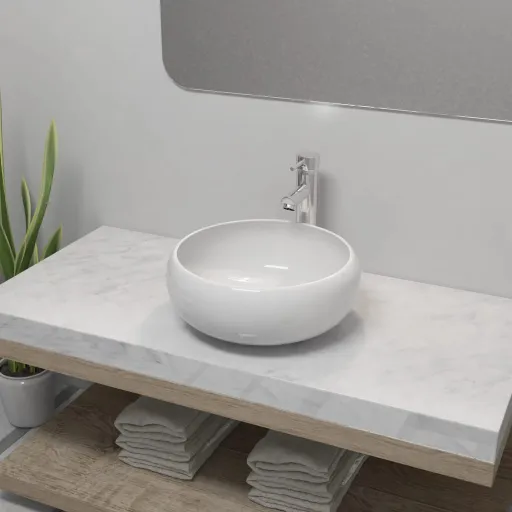 Lavatório com Torneira Misturadora Cerâmica Redondo Branco