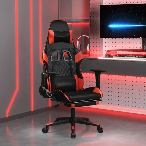 Cadeira Gaming Massagem + Apoio Pés Couro Artif. Preto/Vermelho