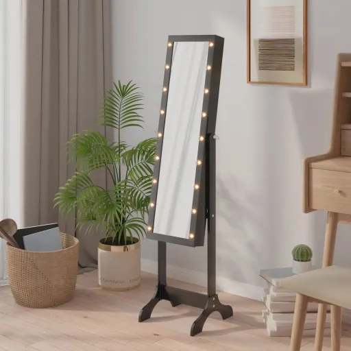 Espelho de pé com Luzes LED 34x37x146 cm Preto