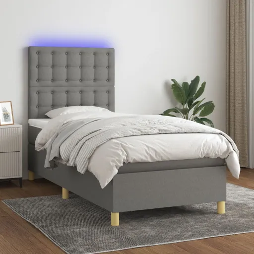 Cama Box Spring c/ Colchão e LED 90x190 cm Tecido Cinza-Escuro
