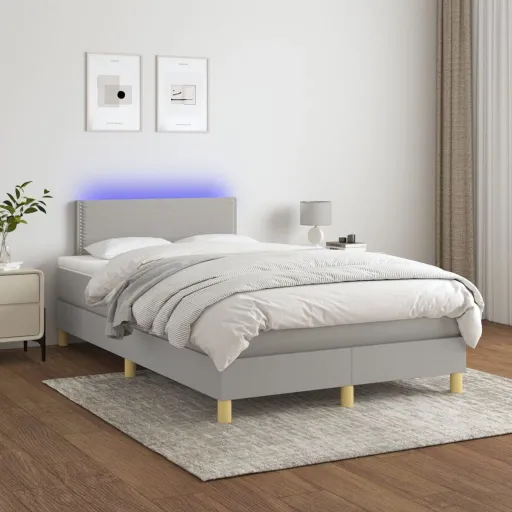 Cama Box Spring c/ Colchão e LED 120x200 cm Tecido Cinza-Claro