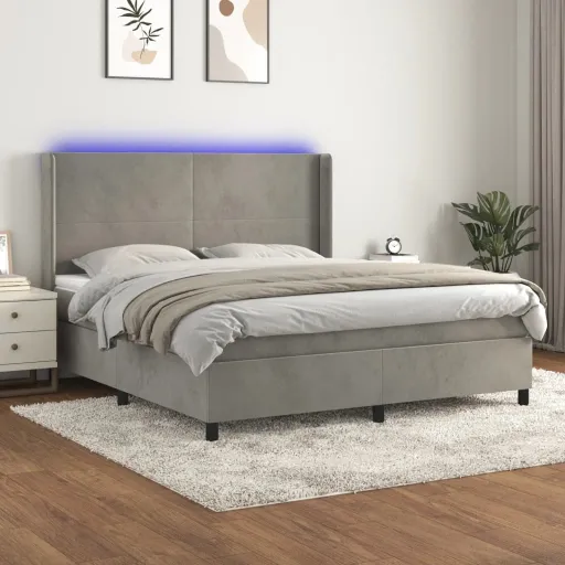 Cama Box Spring c/ Colchão/LED 180x200 cm Veludo Cinzento-Claro