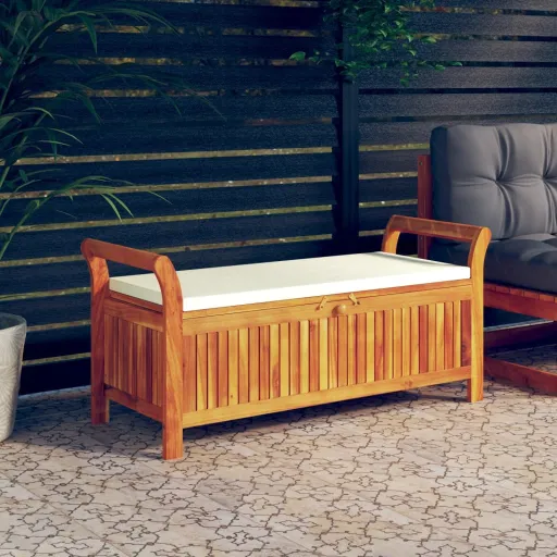 Banco de Arrumação p/ Jardim c/ Almofadão 126 cm Acácia Maciça