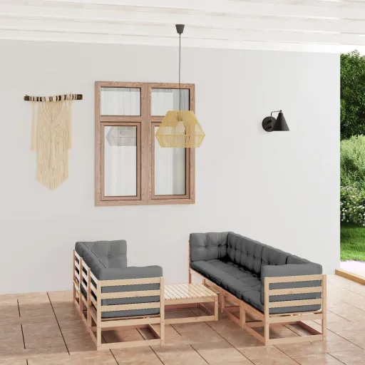 Conjunto Lounge de Jardim com Almofadões Pinho Maciço (8 pcs)
