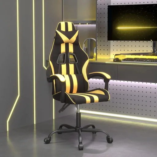 Cadeira Gaming Giratória Couro Artificial Preto e Dourado