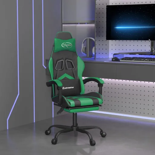 Cadeira Gaming Giratória c/ Apoio Pés Couro Artif. Preto/Verde