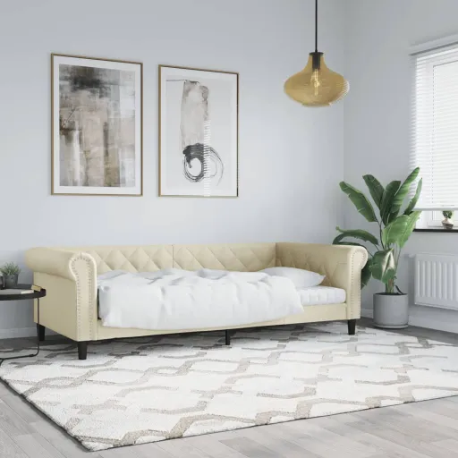 Sofá-Cama 90x200 cm Couro Artificial Cor Creme