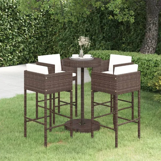 Conjunto de Bar p/ Jardim com Almofadões Vime PE Castanho (5 pcs)