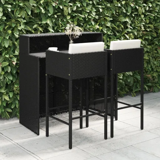 Conjunto de Bar para Jardim com Almofadões Vime PE Preto (3 pcs)