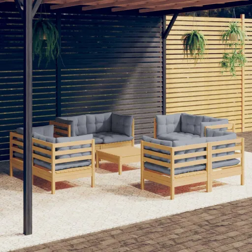 Conjunto Lounge de Jardim c/ Almofadões Cinzentos Pinho (9 pcs)