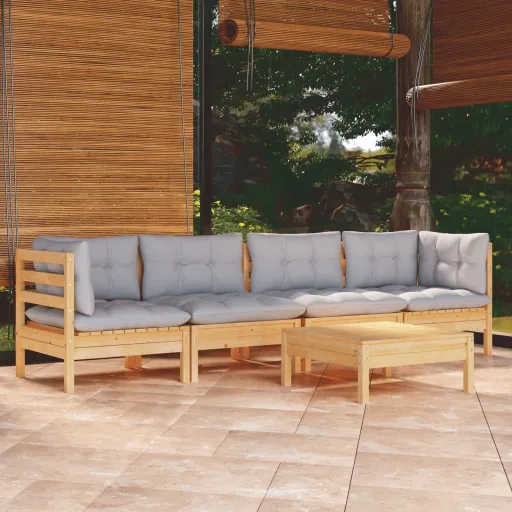 Conjunto Lounge de Jardim + Almofadões Cinza Pinho Maciço (5 pcs)