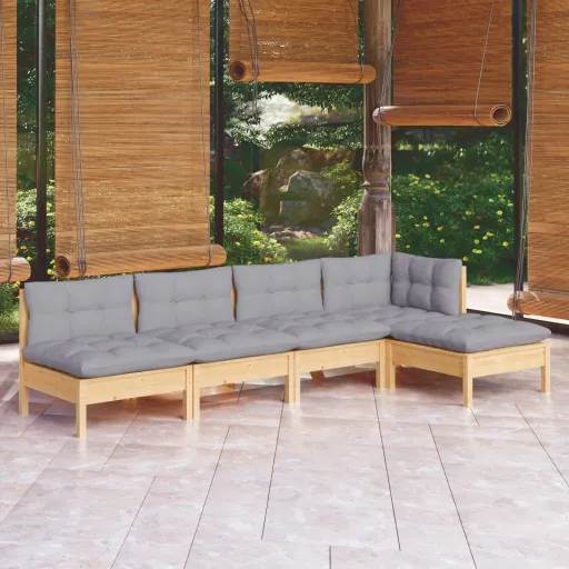 Conjunto Lounge de Jardim c/ Almofadões Cinzentos Pinho (5 pcs)