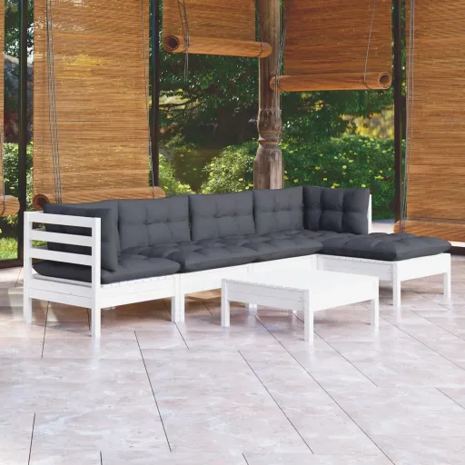 Conjunto Lounge de Jardim c/ Almofadões Pinho Branco (6 pcs)