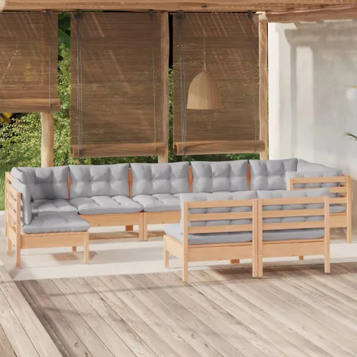 Conjunto Lounge de Jardim + Almofadões Cinza Pinho Maciço (9 pcs)