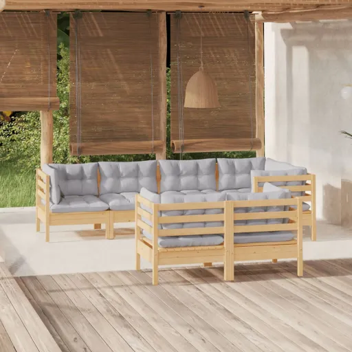 Conjunto Lounge de Jardim + Almofadões Cinza Pinho Maciço (7 pcs)
