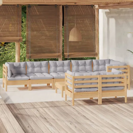 Conjunto Lounge de Jardim + Almofadões Cinza Pinho Maciço (9 pcs)