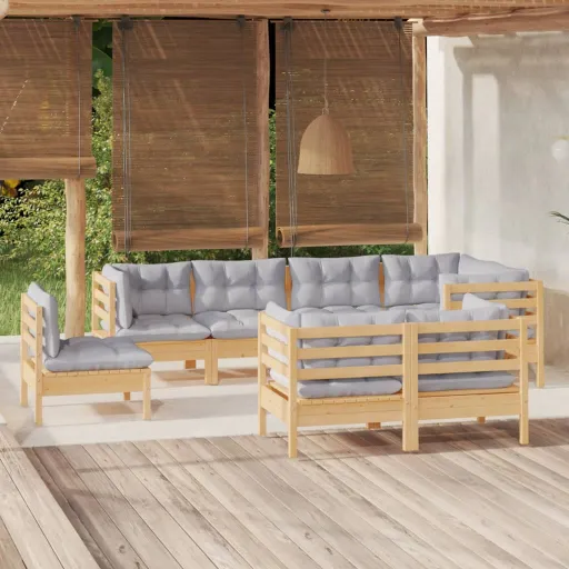 Conjunto Lounge de Jardim + Almofadões Cinza Pinho Maciço (8 pcs)