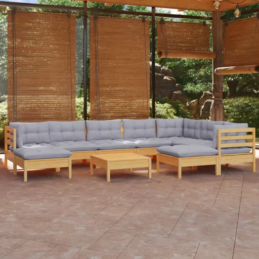 Conjunto Lounge de Jardim + Almofadões Cinza Pinho Maciço (10 pcs)