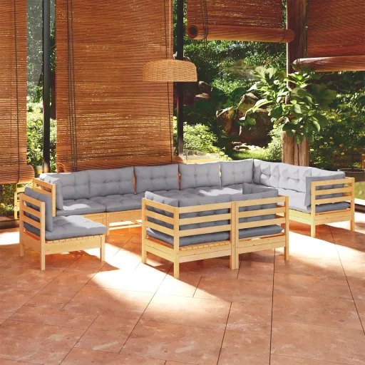 Conjunto Lounge de Jardim + Almofadões Cinza Pinho Maciço (10 pcs)