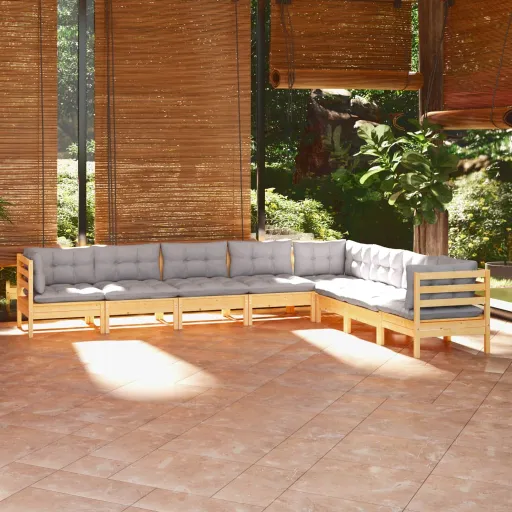 Conjunto Lounge de Jardim + Almofadões Cinza Pinho Maciço (8 pcs)