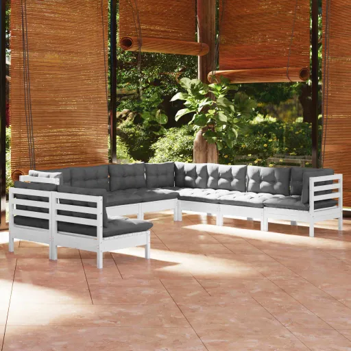 Conj. Lounge de Jardim c/ Almofadões Pinho Maciço Branco (9 pcs)