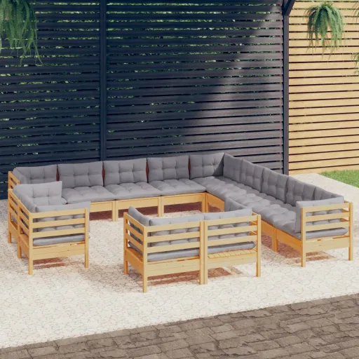 Conjunto Lounge de Jardim + Almofadões Cinza Pinho Maciço (13 pcs)