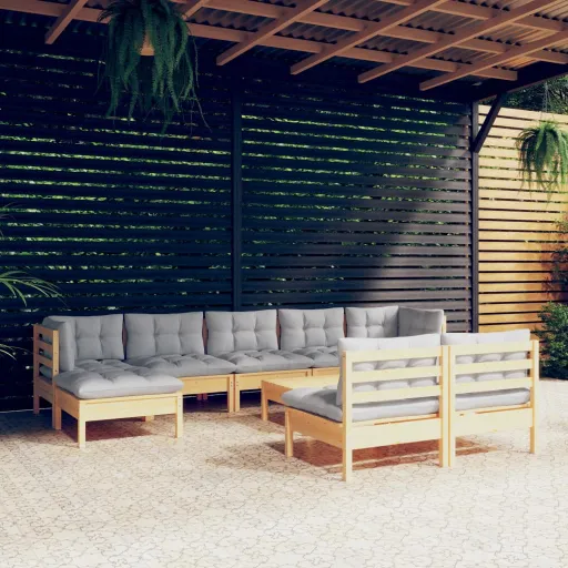 Conjunto Lounge de Jardim c/ Almofadões Cinzentos Pinho (10 pcs)