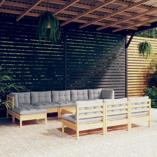 Conjunto Lounge de Jardim c/ Almofadões Cinzentos Pinho (11 pcs)