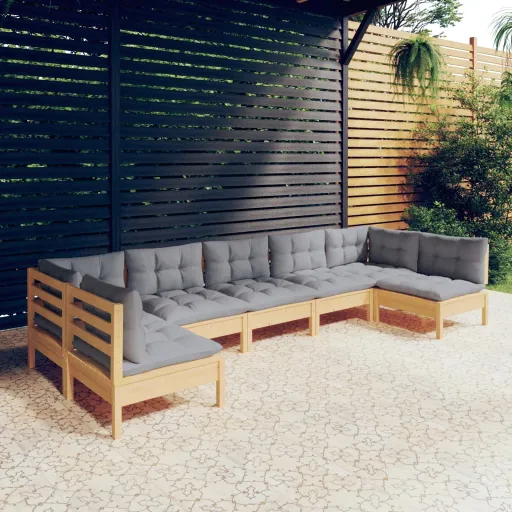 Conjunto Lounge de Jardim + Almofadões Cinza Pinho Maciço (7 pcs)