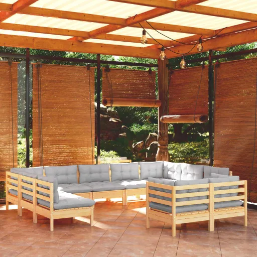 Conjunto Lounge de Jardim + Almofadões Cinza Pinho Maciço (11 pcs)