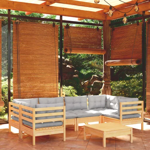 Conjunto Lounge de Jardim c/ Almofadões Cinzentos Pinho (7 pcs)