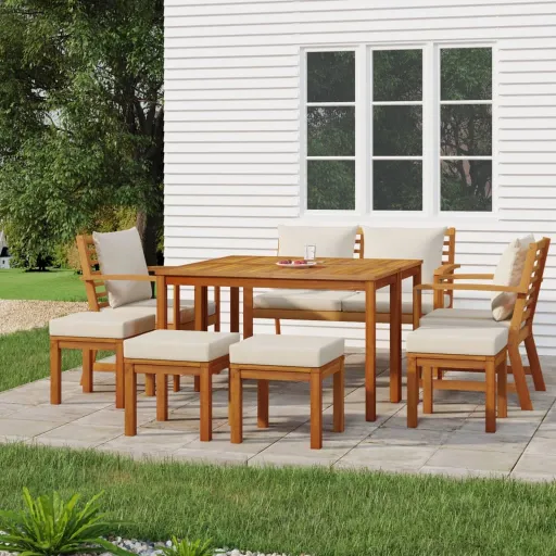 Conjunto de Jantar p/ Jardim c/ Almofadões Acácia Maciça (9 pcs)