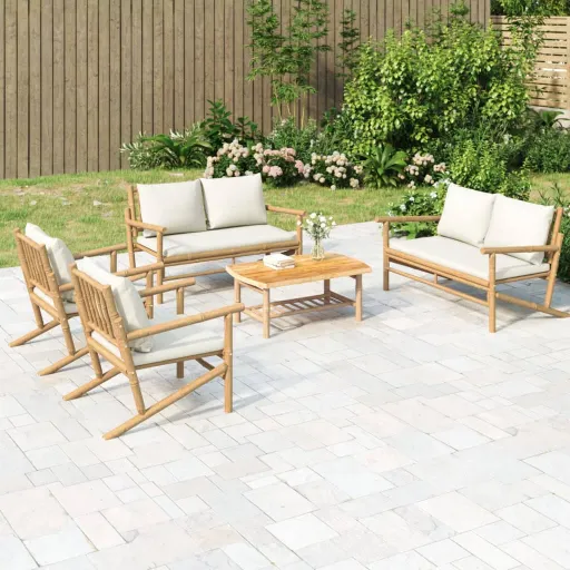 Conjunto Lounge de Jardim Bambu c/ Almofadões Branco Nata (5 pcs)
