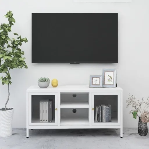 Móvel de TV 105x35x52 cm Aço e Vidro Branco