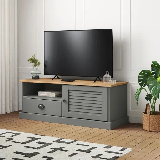 Móvel de TV VIGO 106x40x40 cm Madeira de Pinho Maciça Cinzento
