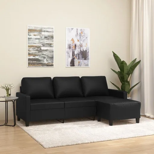 Sofá de 3 Lugares c/ Apoio de Pés 180 cm Couro Artificial Preto
