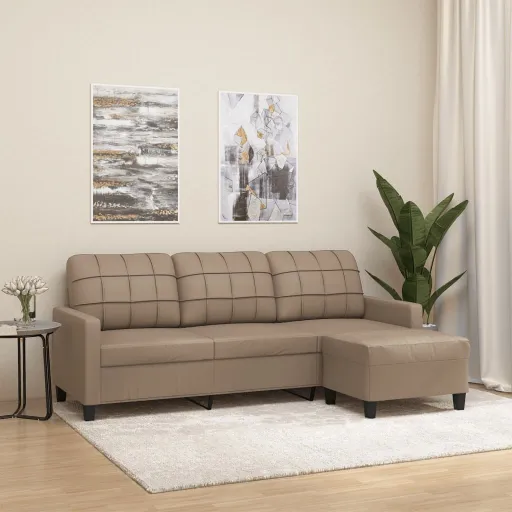 Sofá 3 Lugares c/ Apoio Pés 180 cm Couro Artificial Cappuccino