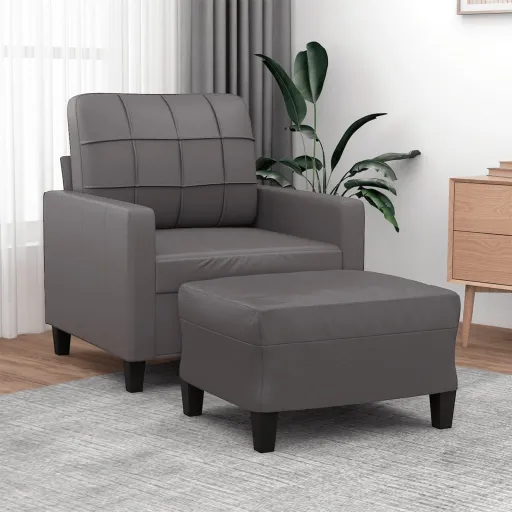 Poltrona com Apoio de Pés Couro Artificial 60 cm Cinzento
