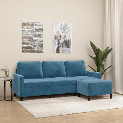 Sofá de 3 Lugares com Apoio de Pés 180 cm Veludo Azul