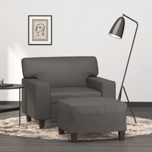 Poltrona com Apoio de Pés Couro Artificial 60 cm Cinzento