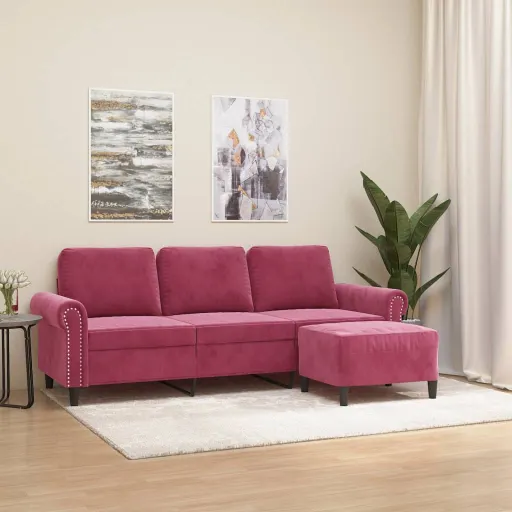 Sofá de 3 Lugares com Apoio de Pés 180 cm Veludo Vermelho Tinto