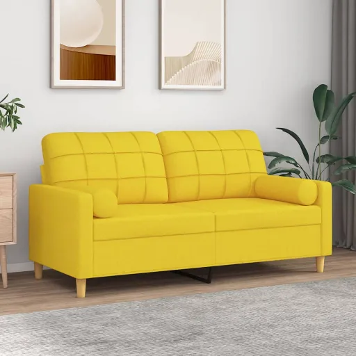 Sofá 2 Lug. + Almofadas Decorativas 140 cm Tecido Amarelo-Claro
