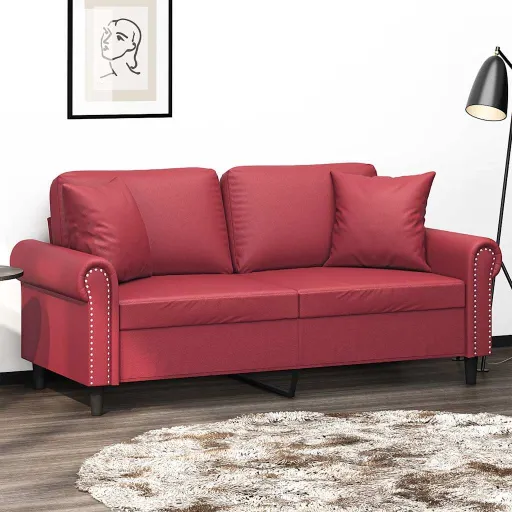 Sofá 2 Lugares +Almofadas 140cm Couro Artificial Vermelho Tinto